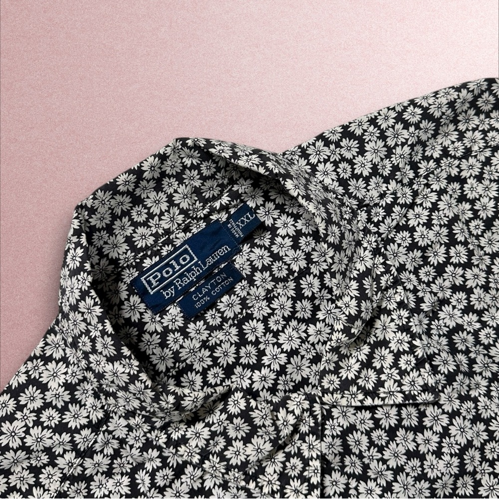 Vtg Polo Ralph Lauren Shirt Men’s 2XL Black White Floral Print Short Sleeve